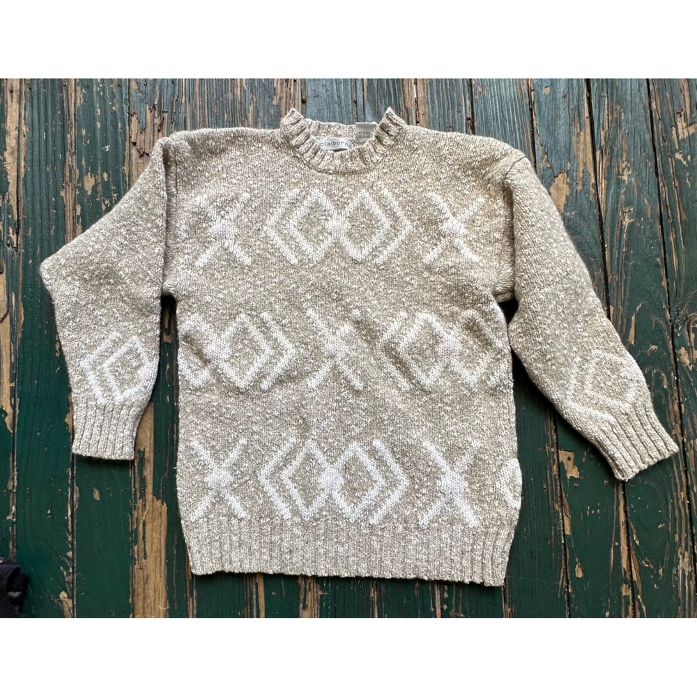 Claiborne Vintage Wool Silk Blend Geometric Knit Sweater Beige Mens Small